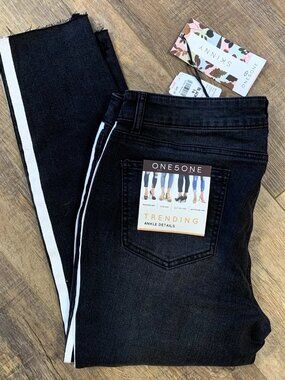 One 5 One BLACK Skinny TUXEDO White Stripe JEANS 14 Mid Rise Frayed Step Ankle